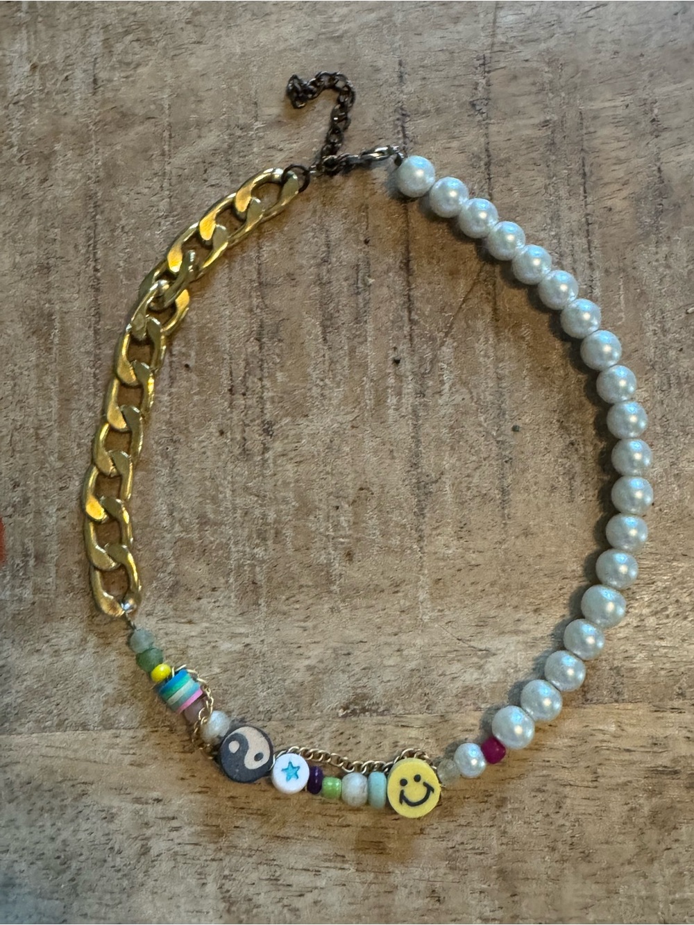 Mixed Bead Pearl & Gold Chain Necklace with Smile and Yin Yang Charms